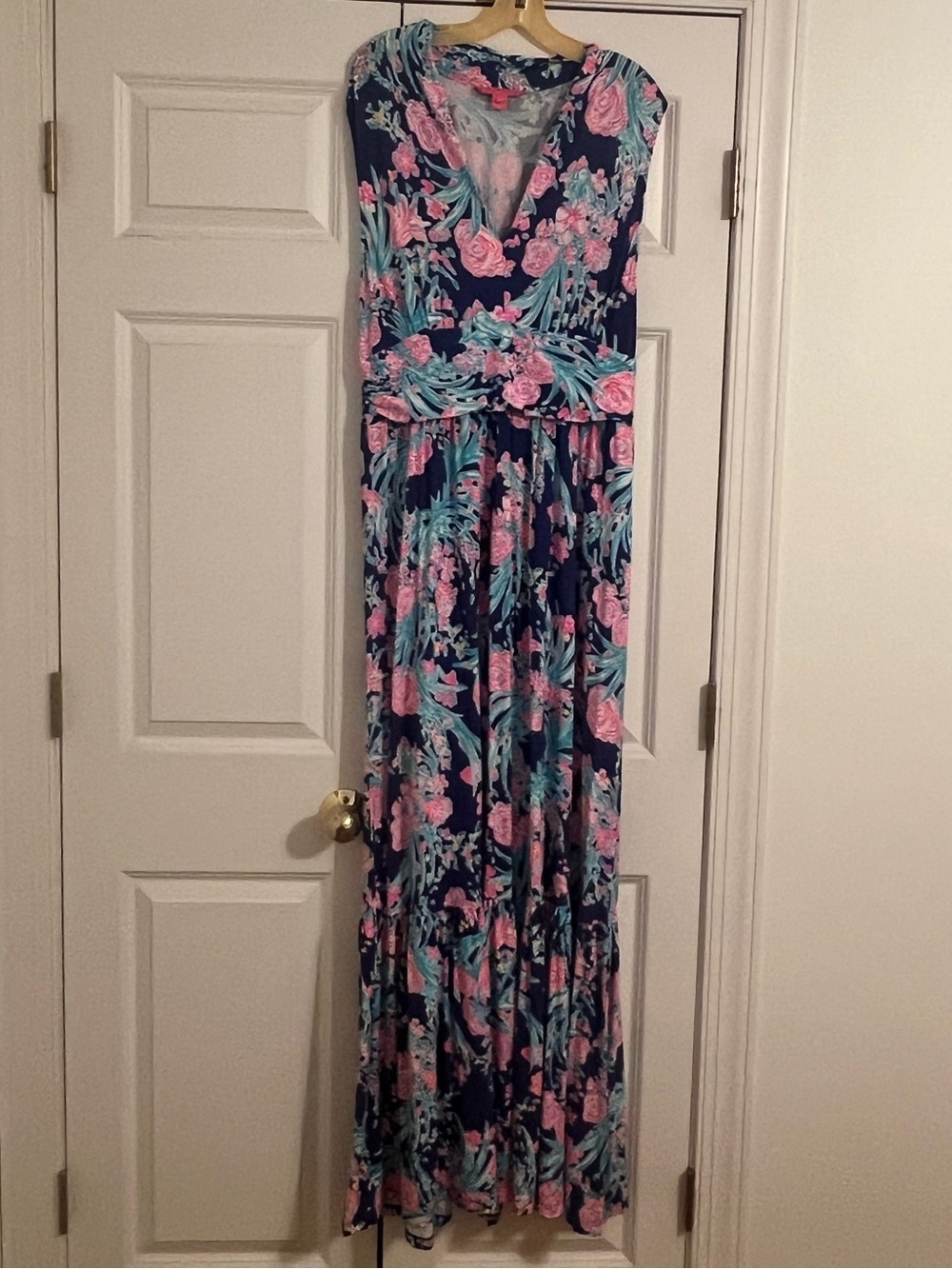 Lilly Pulitzer Floral V-Neck Maxi Dress in Navy and Pink
